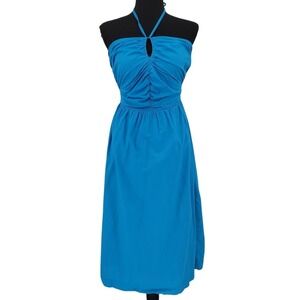 LOFT Smocked Halter Midi Dress Womens Size 2 Blue Sundress Vacation Resort Party